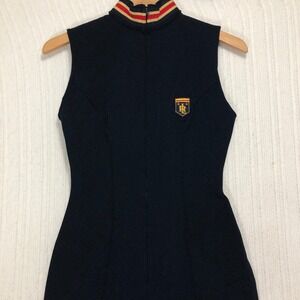 Ralph Lauren Vintage Navy Blue Sleeveless Stirrup Jumpsuit Mock Neck Crest Sz 4